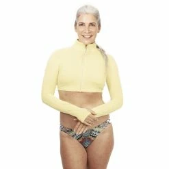 BloqUV Women’s Long Sleeve Full Zip Sun Protective Athletic Crop Top (Lemon Yellow)